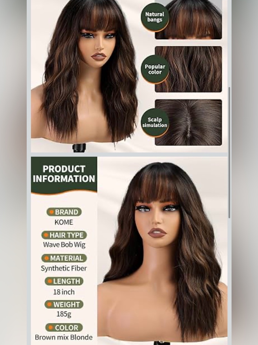 KOME Ombre Brown mix Blonde Highlight Wavy Synthetic Wig w/ bangs.